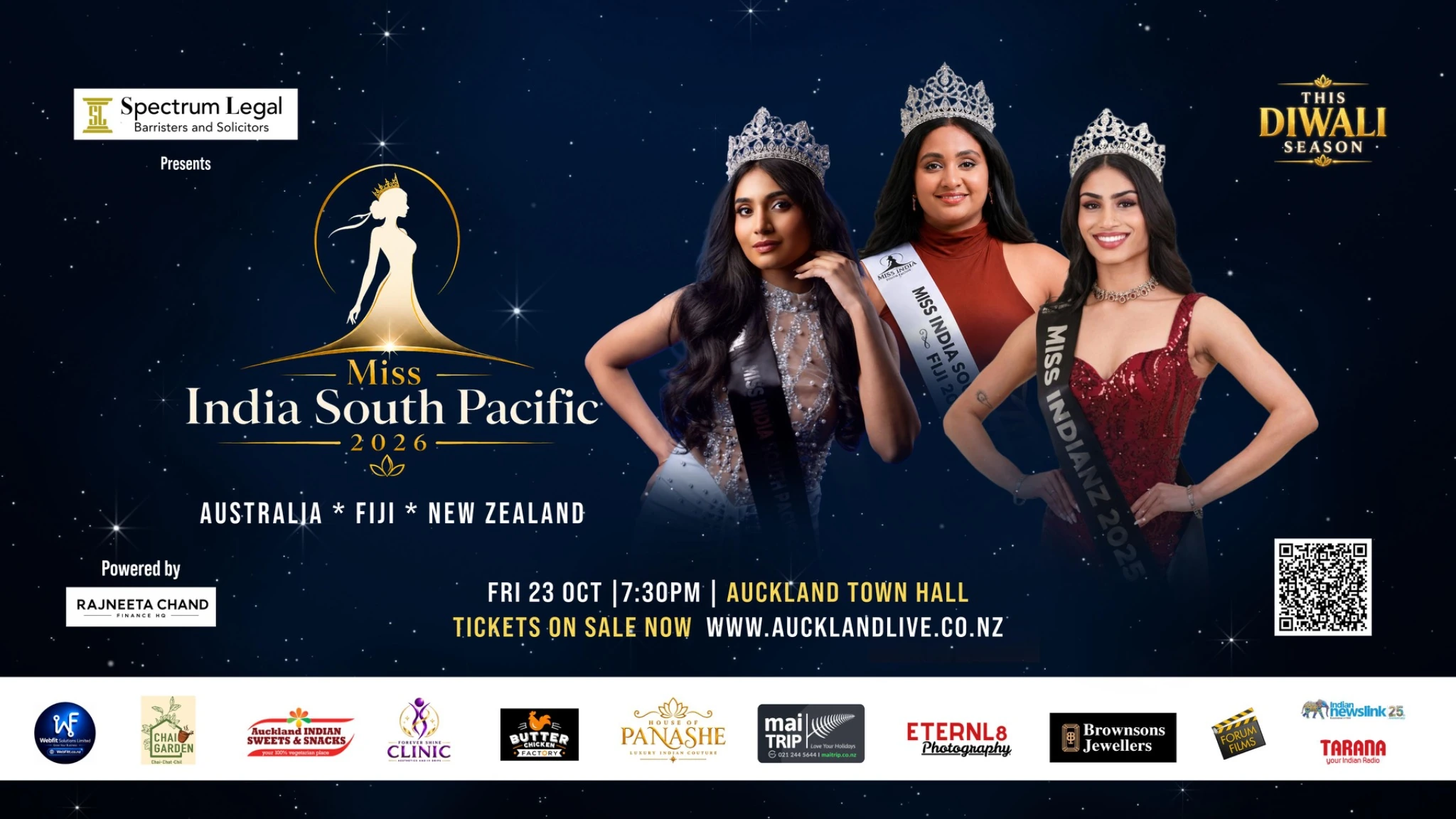 Official Miss India South Pacific 2026 Grand Finale event banner with titleholders and sponsors