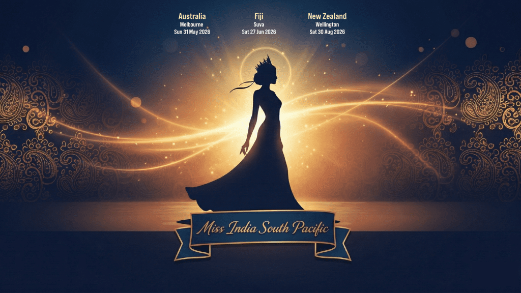 A professional portrait of the reigning Miss India South Pacific wearing an intricate gold-embroidered lehenga and a sparkling jeweled crown, smiling elegantly against a soft-focus tropical backdrop